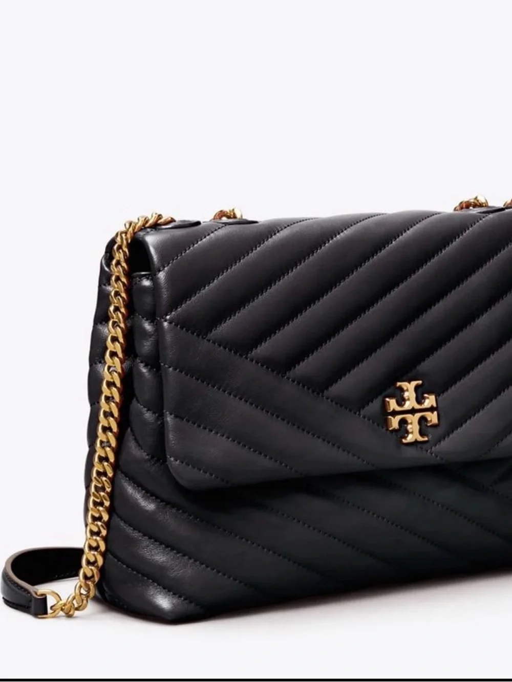 Tory Burch Black Quilted Leather Shoulder Bag with Gold Logo Chain